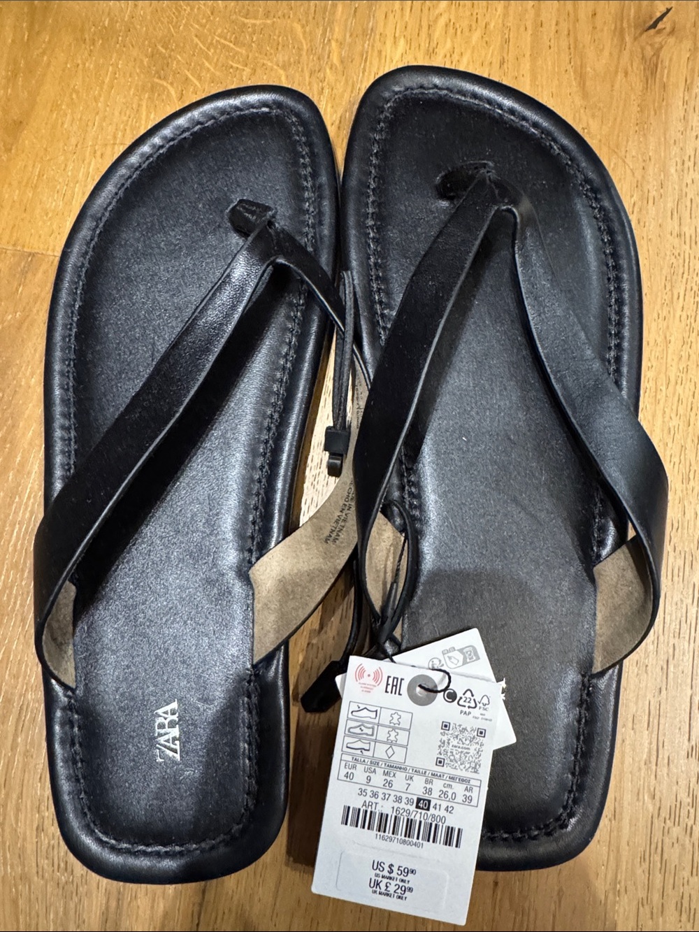 Zara Black Leather Minimalist Thong Sandals